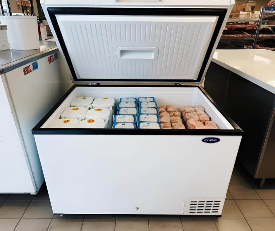 chest fridge with frozen items inside